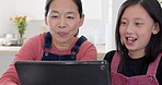 Video call, tablet and woman with girl talking, communication and technology, hello and check in. Asian, mother and daughter, conversation and happy, internet connection and online with 5g network.