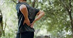 Running, fitness injury and man with back pain, emergency or muscle strain while doing exercise, training or cardio. Sports injury, athlete lifestyle and runner with hurt spine on nature park workout