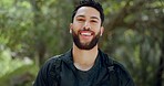 Young man portrait, nature hiking and freedom, travel and adventure in peace, calm and morning hike outdoors. Happy, fitness and smile arab guy, trekking travel and summer park in Egypt environment 