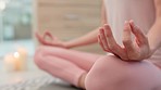 Wellness meditation hands, woman in yoga lotus pose on floor and zen spiritual awareness. Mindfulness breathing exercise, healthy body relaxing and calm chakra alignment in peaceful faith lifestyle