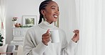 Black woman, coffee and looking out window at home with a smile, happiness and tea while thinking, relax and in a good mood. African female inside with positive thoughts, mindset and attitude 