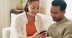 Asian couple, phone and sofa selfie in house or home living room for social media technology, profile picture or memory. Smile, happy and bonding man or woman in fun, trust or love mobile photography