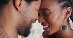 Smile, love and African couple with a dance in the living room of their house together. Face of a young, relax and black man and woman dancing with affection, happiness and peace in their home