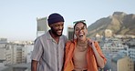 Couple, street style and urban with a black man and woman laughing outside in a city with a cool attitude. Fashion, happy and joke with a montage of a male and female hipster friends in town together