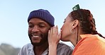 Whisper, communication and friends in a gossip conversation about secret, rumor or interesting couple news. Rooftop discussion, talking in ear and gen z woman share information to listening black man