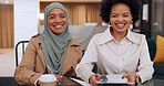 Muslim diversity, business people and black woman teamwork, collaboration and motivation for vision, goals and success in modern office. Portrait of happy professional women in global startup company
