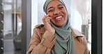 Muslim business woman, laughing and phone call, communication and networking in office of vision, motivation and smile in Dubai. Happy worker, islamic hijab and mobile talking for funny conversation 