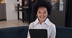 Business woman, working and digital tablet in the corporate workplace with smile in office. Happy black woman or employee busy with online marketing on technology in research, development and design