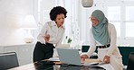 Diversity employees, laptop and business women planning online strategy, collaboration and ideas in modern office startup. Global teamwork of black woman, muslim worker and project management on tech