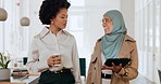 Black woman, muslim or business collaboration with tablet data analysis, kpi research or target audience research for company budget. Talking, teamwork and creative women with technology schedule app