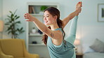 Woman, yoga or fitness in house living room or home lockdown in relax workout, zen training or stretching exercise. Smile, happy or yogi in pilates for health mindset, wellness or mental health peace