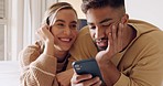 Happy, phone and couple on social media to relax, share viral online content and trendy news at home. Internet, smile and woman enjoys sharing memes with lover or partner on a fun social network app 