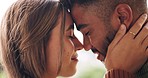Love, couple face and happy relax eyes closed, care and support together bonding freedom outdoors. Man smile, woman hand and calm happiness trust or loving romance marriage in bokeh nature background