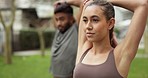Fitness, couple or friends stretching arm in park for training, exercise or workout with personal trainer, coach or teamwork. Health, sport or wellness girl and man athlete for runner sports warm up