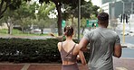 Running couple, city fitness and road crosswalk, workout and cardio exercise for healthy lifestyle. Back of sports man, young woman and runner friends motivation for marathon training in urban street