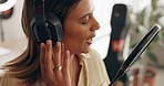 Music, singing and singer woman in recording studio with headphones and microphone for podcast, audio or test sound production. Celebrity, talent influencer or young musician artist in a home studio