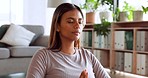 Woman, yoga and meditation for mental health, wellness and spiritual wellbeing in breathing exercise at home. Female in peaceful, calm and relax meditating for zen, healthy mind and awareness indoors