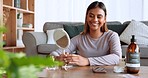 Happy, woman and mirror in living room with hair touch for smooth cosmetic product texture. Happiness, excited and smile of indian person with hairstyle check in reflection at home lounge.

