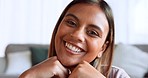 Video call, smile and portrait of Indian girl in her home blowing kiss on call. Communication, technology and happy woman in living room blowing kiss on phone call, online chat and virtual meeting