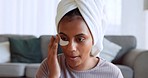 Eye mask, skincare and woman with wellness, beauty and facial therapy in a house. Young, Indian and calm girl with cosmetics for eyes, cleaning face and body for care of skin in the morning in a home