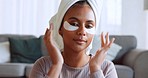 Woman face, skincare wellness and home spa beauty relax therapy treatment in living room. Happy Indian woman, luxury facial mask cleaning cosmetic natural eye makeup care and healthy skin lifestyle 