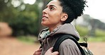 Hiking, travel and forest of black woman on smartphone, backpack and fitness gear for nature wellness, outdoor journey and adventure. Trekking young person in woods with freedom in green environment