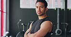 Fitness, couch and serious gym athlete ready for a sport workout, exercise and cardio training. Portrait of a strong sports, wellness and healthy active man from Spain in a health club or studio 