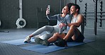 Selfie, fitness and couple training with a phone, happy with workout and smile for exercise at the gym. Wellness, photo and man and woman with love for sports and live streaming on social media