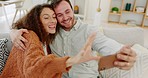 Home, selfie and marriage phone couple for social media, love and happiness together with hug. Married, woman and man in happy relationship enjoy smartphone photograph with embrace and smile.

