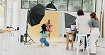 Photography, studio and photographer team work together on photoshoot on digital technology and backstage workspace. Backdrop, lighting and creative group shooting fashion model with speed production