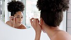 Mirror, makeup and black woman shape eyebrows, pluck face hair and natural beauty for wellness and skincare. Cosmetics, African American girl and use pencil for body care, health and fresh look.