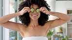 Black woman, afro and spa cucumber eye care in wellness center, hotel salon or skincare clinic. Portrait, happy smile or resort customer with fun vegetables for relax beauty, healthcare or self love