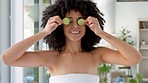 Skincare, health and portrait of girl with cucumber for healthy facial glow, diy acne treatment and skin hydration. Dermatology, anti aging and black woman with fruit for natural beauty healthcare
