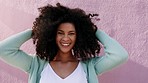 Afro, mexican woman or fashion fun on pink wall background, city building and mockup marketing design for advertising. Portrait of smile, happy or comic student or street style student with cool hair