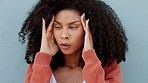 Black woman headache, stress and anxiety, pain and tired problem from burnout, depression and debt. Young, sick and fear african american person worried for mental health, risk and frustrated failure