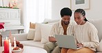 Black couple, laptop and happy together, online browse and smile for social media, search internet and in living room on sofa. Digital device, African American man and woman planning dates or holiday