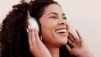 Music headphones, streaming radio and dancing black woman thinking listening to podcast, online audio and smile with dance against white mockup studio background. Face of person happy with freedom