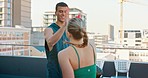 Fitness, training and high five for success of boxing woman athlete on city rooftop with kick pad. Achievement, winner and support of professional boxer coach in Australia with client celebration.

