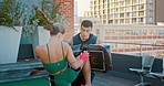 Man, woman or kickboxing fitness training with personal trainer on Canada city rooftop for anger management, strong muscles or health. Sports athlete, mma coach or boxer in wellness workout exercise