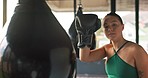 Tired, boxing and portrait of woman in gym training, exercise or challenge workout for competition, mma or fight motivation. Power, strong and sports boxer girl sweating with sport gear for wellness