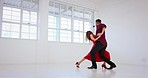 Dance, art and studio with a couple doing the tango together while training for a theatre performance. Creative, dancing and passion with a man and woman dancer in a workshop for the performing arts
