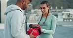 Personal trainer, woman boxer and boxing training on rooftop for outdoor gym fitness, physical exercise and cardio wellness workout activity. Healthy sports athlete, boxing glove and fighting spirit