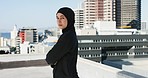 Thinking, city and portrait of Muslim girl on rooftop with ideas, vision and contemplating. Beauty, empowerment and woman with hijab in urban town with inspiration, thoughtful and serious expression