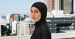 Islamic woman, hijab or fitness motivation in Australia for building rooftop workout, city training or exercise. Portrait, muslim athlete or sports runner with wellness health goals and cardio target