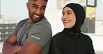 Fitness, happy and Muslim couple training for motivation, health and energy together in the city. Wellness, Islam and coach with an Islamic woman with an hijab and arms crossed for a workout