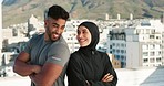 Fitness, city and muslim couple or personal trainer with client on urban rooftop for exercise, wellness and healthy lifestyle. Proud, islam sports woman with a workout friend in training conversation