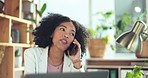 Phone call, communication and laughing with a black woman in business chatting while working in her office. Contact, mobile and networking with a female employee talking while alone at work