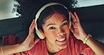 Dance music, energy and portrait of black woman listening to trendy radio rap, disco or hip hop song. Crazy fun, health wellness or gen z girl singing and streaming audio sound on headphones top view