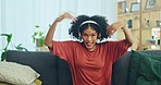 Black woman, dance or headphones for music, podcast or digital radio for freedom, happy energy or fun on sofa in living room. Woman, wellness or singer girl with bluetooth, wireless or mobile app
