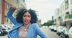 Dance, happy and business black woman on street walking to work excited for her internship career moving with energy, wellness and freedom. Urban city girl dancing in road on her way to job interview
